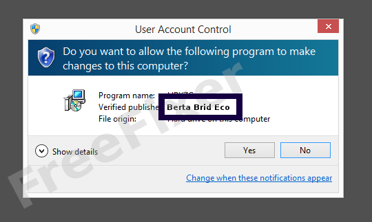 Screenshot where Berta Brid Eco appears as the verified publisher in the UAC dialog